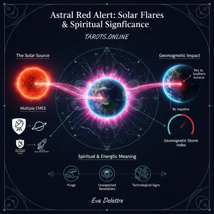 Infográfico del 16 de octubre de 2025 sobre el significado espiritual de la erupción solar y la alerta de auroras.