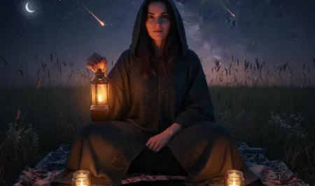 Cartas de tarot sobre un fondo cósmico que muestra la lluvia de estrellas Oriónidas, simbolizando una tirada espiritual.