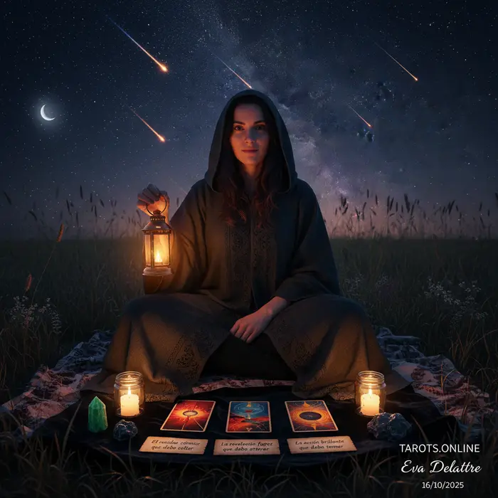 Cartas de tarot sobre un fondo cósmico que muestra la lluvia de estrellas Oriónidas, simbolizando una tirada espiritual.