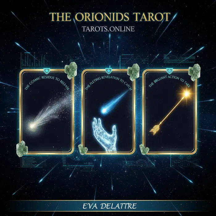 Infográfico de la tirada de tarot para la lluvia de estrellas Oriónidas, con fecha del 5/9/2025 y el diseño de 3 cartas.