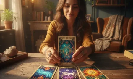 Manos de una pareja entrelazadas sobre una mesa con cartas de una tirada de tarot para el amor.