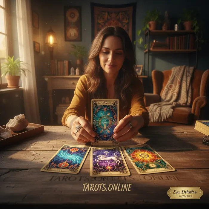 Manos de una pareja entrelazadas sobre una mesa con cartas de una tirada de tarot para el amor.