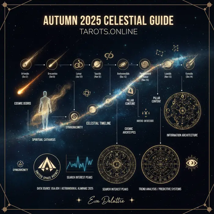 Infográfico de la guia astrologica otoño 2025 con los 8 eventos celestiales clave, publicado el 5/9/2025.