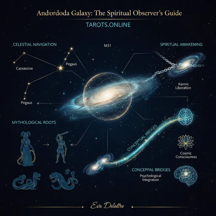 Infografía de la galaxia de Andrómeda, guía de observación para Octubre 2025 y su significado espiritual.