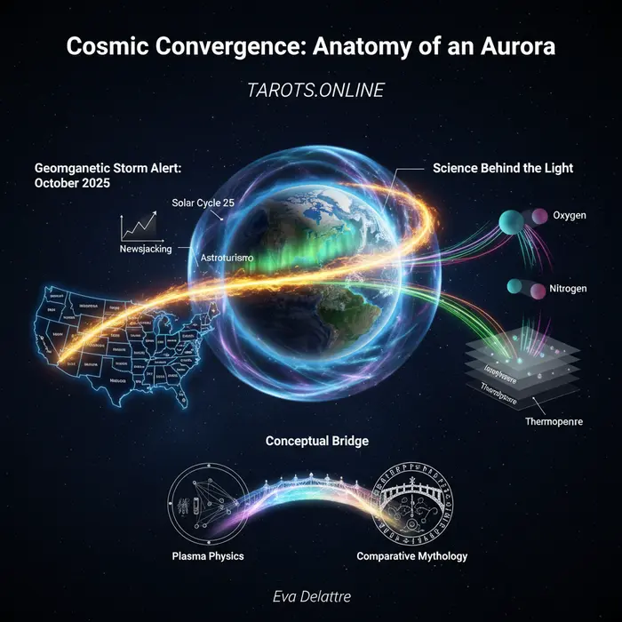 Infografía de la alerta de auroras boreales en Estados Unidos para el 18-19 de octubre de 2025, con mapa de visibilidad.