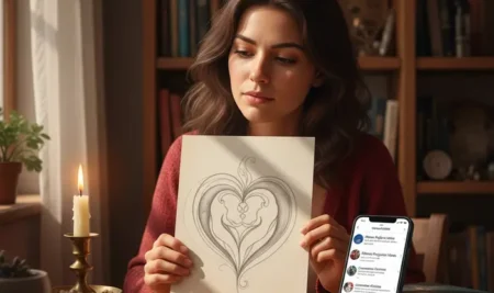 Mujer con expresión de asombro viendo un retrato que representa el dibujo psíquico de su alma gemela.