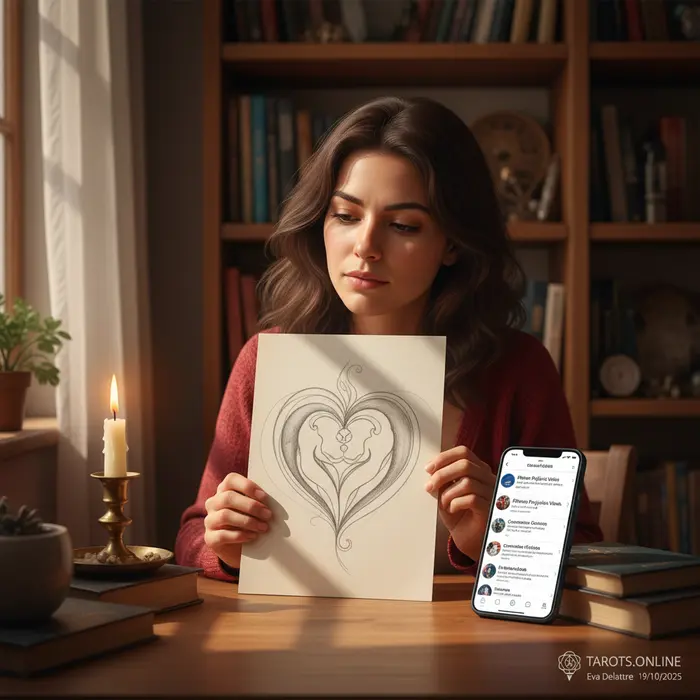 Mujer con expresión de asombro viendo un retrato que representa el dibujo psíquico de su alma gemela.