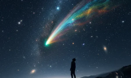 Ilustración del cometa SWAN (C/2025 R2) cruzando el cielo nocturno, guía sobre cómo ver el cometa.