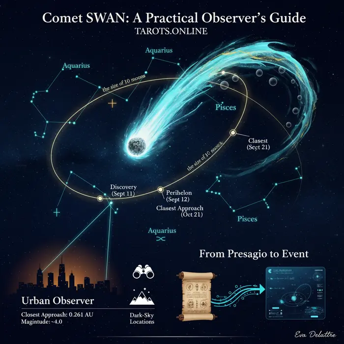 Infografía guía sobre cómo ver el cometa SWAN, visible a simple vista el 5/9/2025.