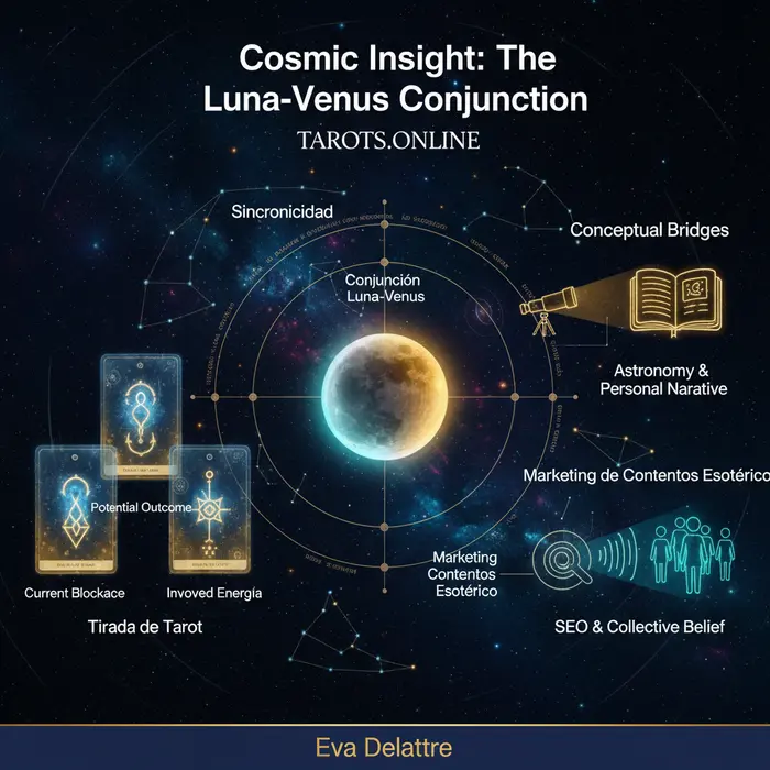 Infográfico de la tirada de tarot para la conjunción Luna-Venus del 19/10/2025.