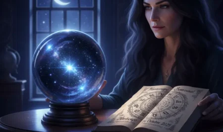 Mhoni Vidente entregando sus predicciones de la próxima semana con una bola de cristal y cartas del tarot.