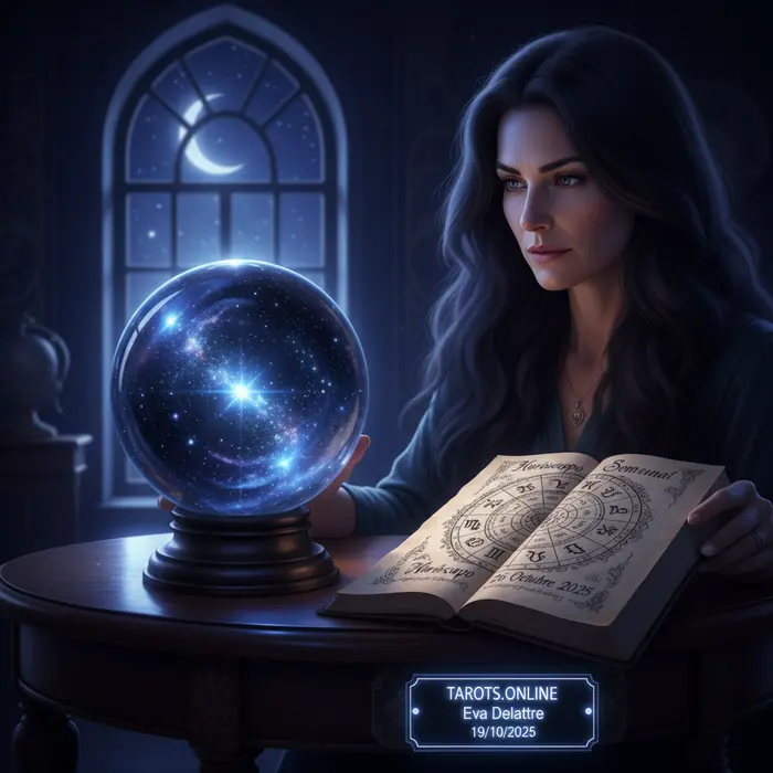 Mhoni Vidente entregando sus predicciones de la próxima semana con una bola de cristal y cartas del tarot.