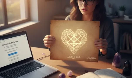 Mujer escéptica frente a un portátil que muestra un servicio de dibujo psíquico de alma gemela.