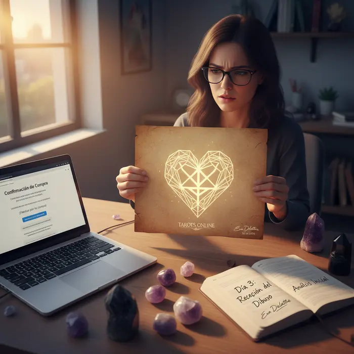 Mujer escéptica frente a un portátil que muestra un servicio de dibujo psíquico de alma gemela.