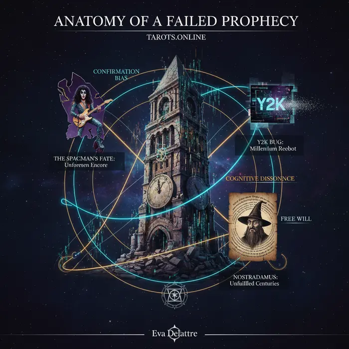 Infografía detallada sobre profecías fallidas, publicada el 5/9/2025, con una torre de reloj rota y símbolos de predicciones.