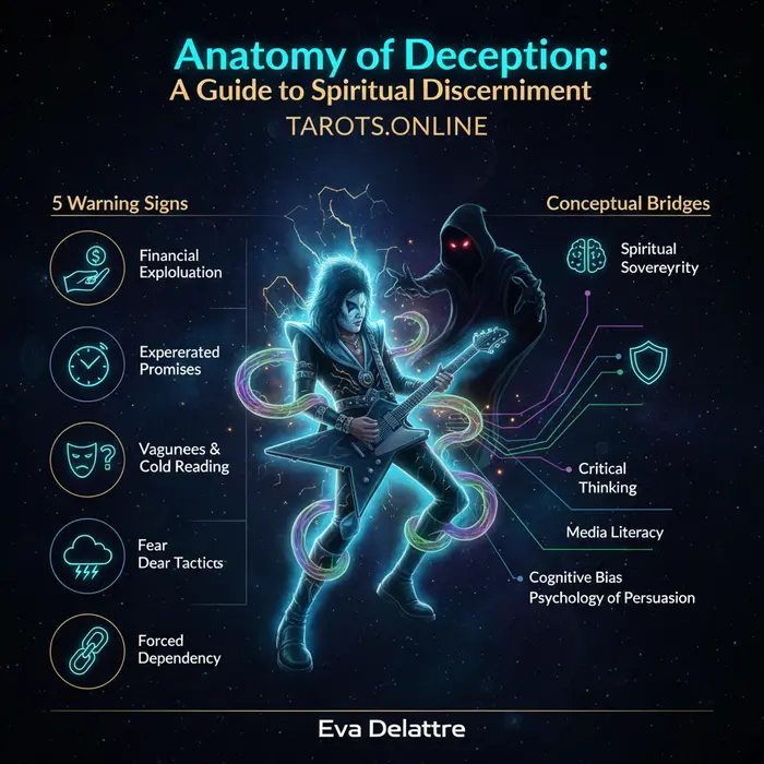 Infografía 5/9/2025 'Anatomía del Engaño': Guía visual sobre cómo saber si un vidente es real, inspirado en el caso Ace Frehley.