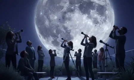 Ilustración de la luna sobre un paisaje nocturno para la Noche Internacional de la Luna 2025.