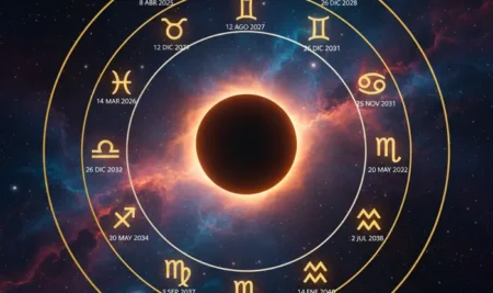 Ilustración de los eclipses y su influencia en los signos del zodiaco.