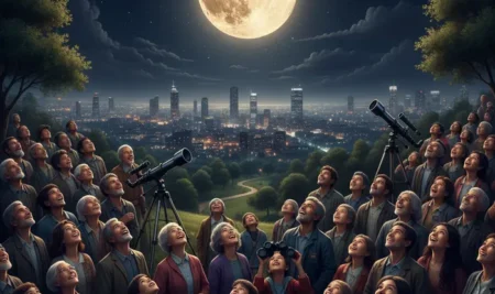 Ilustración de personas observando el cielo para la Noche Internacional de la Luna 2025.