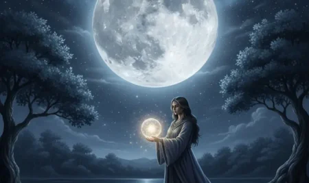 Ilustración de la intensa energía lunar durante la Noche de la Luna 2025 con advertencias astrológicas.