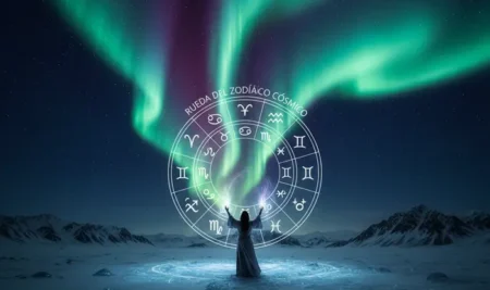 Una persona meditando bajo las auroras boreales, conectando con su significado espiritual.