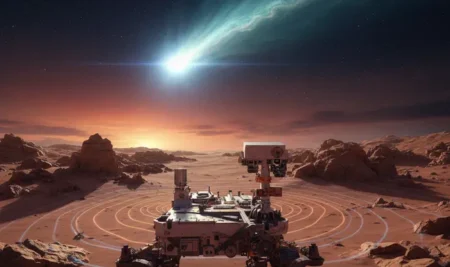 El rover Perseverance de la NASA en el paisaje desolado de Marte, apuntando su cámara hacia el cielo.