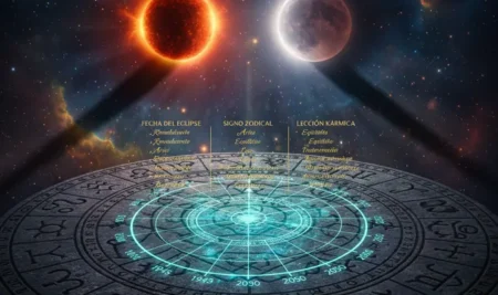Línea de tiempo cósmica mostrando el historial de eclipses y su significado en la astrología kármica.