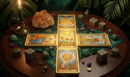 Cartas del tarot dispuestas para una lectura sobre tarot y mentalidad de abundancia.