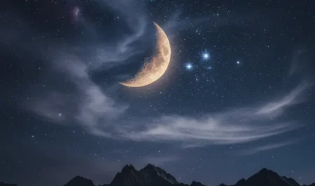 La Luna gibosa creciente junto al cúmulo estelar de las Pléyades en el cielo nocturno.