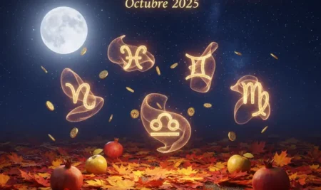 Rueda del zodiaco brillante para las predicciones del horóscopo de octubre 2025.