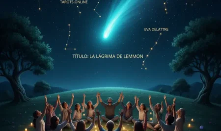 Ilustración del cometa Lemmon brillando en el cielo nocturno sobre el logo de tarots.online.