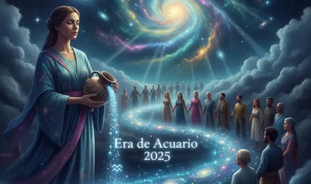 Símbolo de la Era de Piscis disolviéndose junto al símbolo de la Era de Acuario, representando el cambio astrológico.