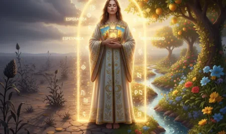 Ilustración de una cabeza dividida mostrando la mentalidad de escasez frente a la mentalidad de abundancia con el tarot.