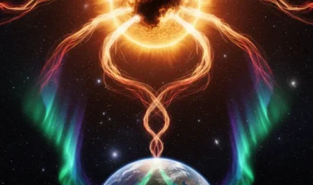 Ilustración de una tormenta geomagnética impactando la Tierra, mostrando el significado espiritual del agujero coronal.