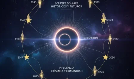 Ilustración de los ciclos de Saros astrológicos conectando eclipses con el destino de famosos.