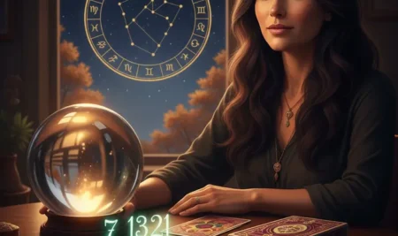 Retrato de la famosa Mhoni Vidente preparando su horóscopo semanal con cartas y astros de fondo.