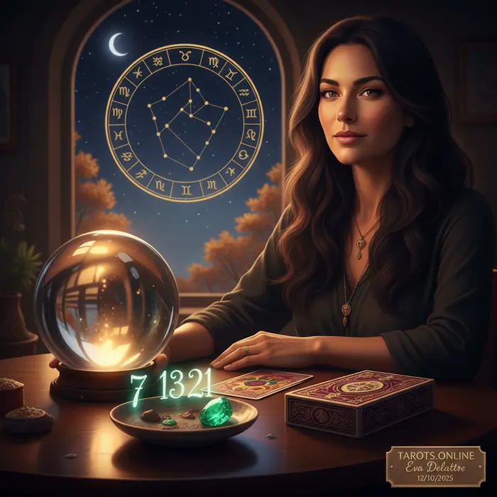 Retrato de la famosa Mhoni Vidente preparando su horóscopo semanal con cartas y astros de fondo.