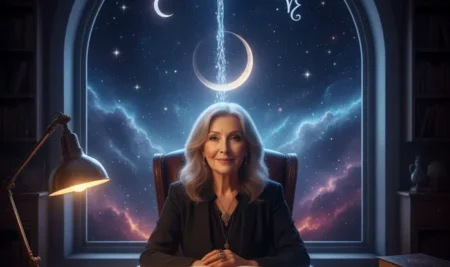 Retrato de la astróloga Susan Miller con un fondo cósmico que representa sus predicciones para 2026.