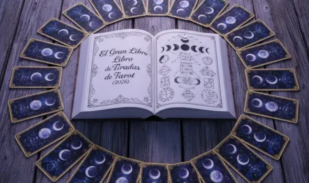 Mujer realizando una tirada de tarot de luna nueva, un ritual para manifestar intenciones.