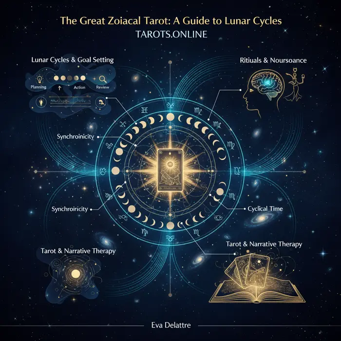 Infográfico de tiradas de tarot para la luna 2026, guía astrológica publicada el 5/9/2025.