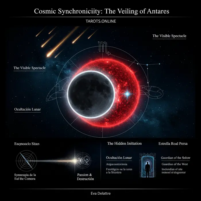 Infográfico del 21/10/2025: Luna Nueva oculta a Antares, explicando su significado espiritual y astrológico.