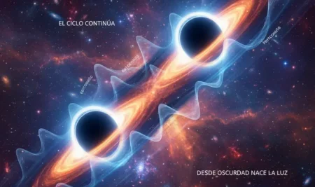 Visualización de ondas gravitacionales de agujeros negros y su significado espiritual.