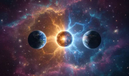 Ilustración de un sistema planetario con dos soles y tres planetas, representando el significado espiritual de Tatooine.