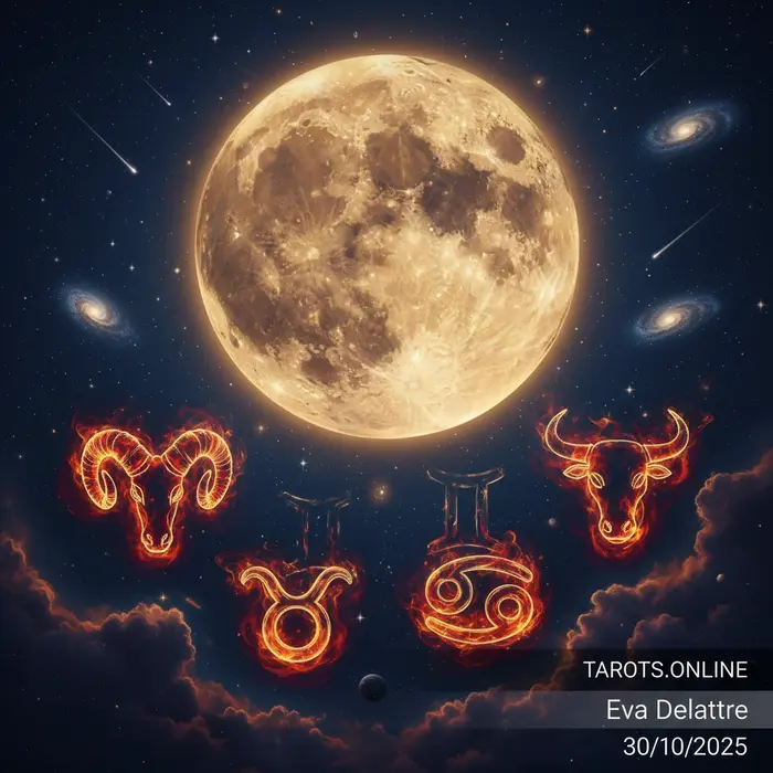 Rueda del zodiaco con cuatro signos resaltados para el horóscopo de noviembre 2025, simbolizando una transformación.