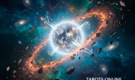 Ilustración de una estrella zombie devorando un planeta, representando el significado espiritual de la destrucción cósmica.