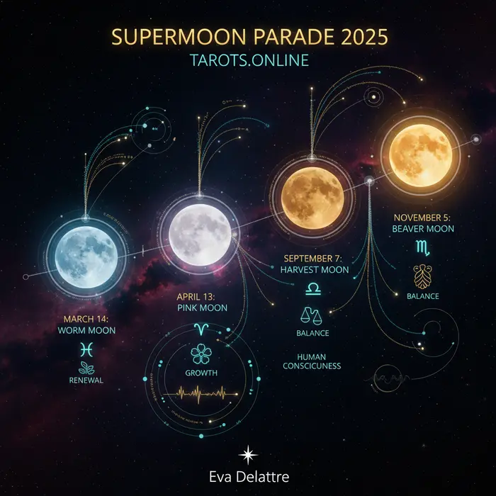 Infográfico de la Supermoon Parade 2025, destacando la Superluna del Castor del 5/9/2025.