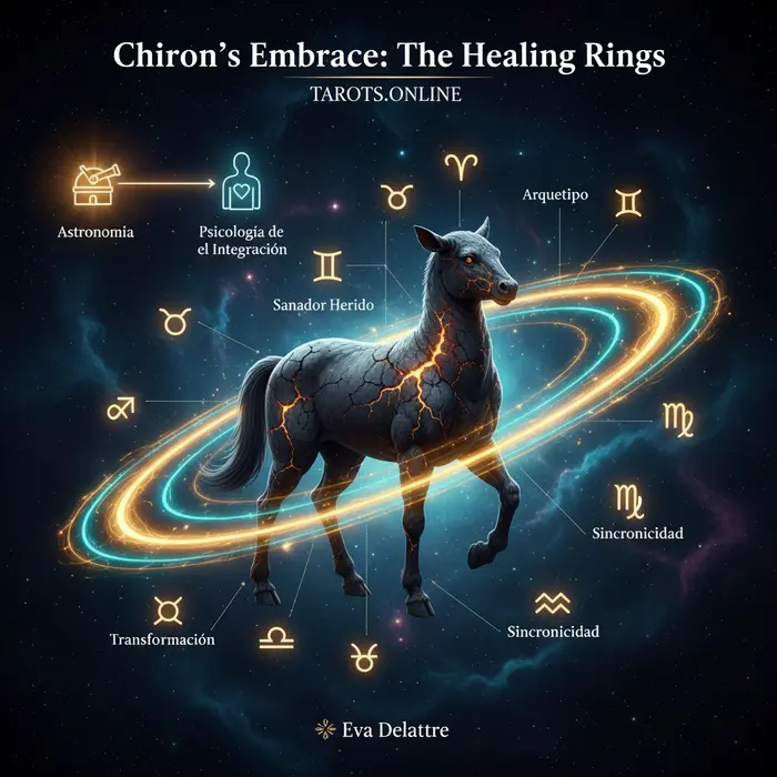 Infografía del 5/9/2025 sobre Quirón formando anillos y su significado espiritual para sanar heridas.