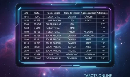 Visualización de datos de la tabla de eclipses de 1945 a 2050 con un mapa celestial interactivo.