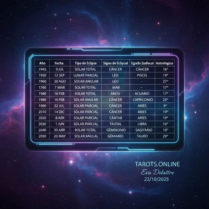 Visualización de datos de la tabla de eclipses de 1945 a 2050 con un mapa celestial interactivo.