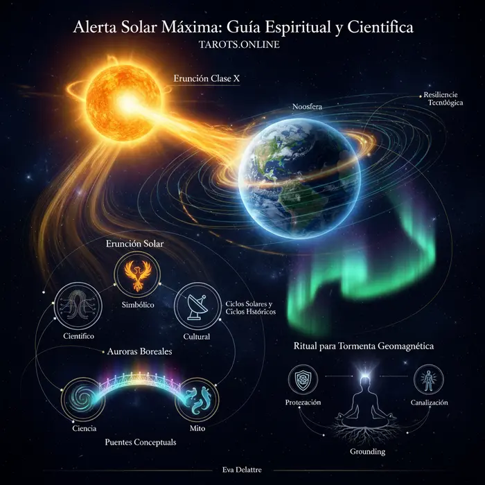 Infográfico de la erupción solar del 5/9/2025 y su conexión con las auroras boreales en Estados Unidos.
